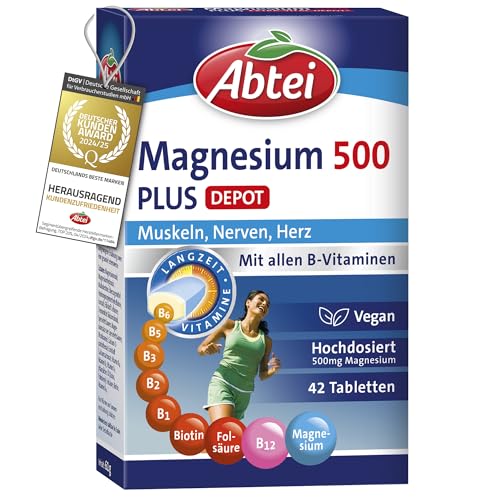 Abtei Magnesium 500 Plus Extra-Vital-Depot - hochdosiert - mit allen B-Vitaminen - für Muskeln, Nerven und Herz - vegan - 42 Tabletten