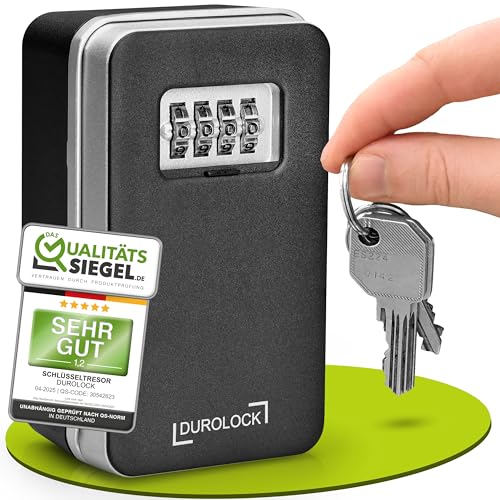 DUROLOCK Schlüsseltresor mit Zahlencode aussen (wetterfest) - Schlüsselbox mit Code - Schlüsselsafe mit Code - Schlüsselkasten für AirBnB, Büro & Familie