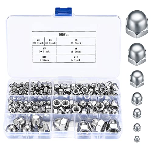 165 Stk Hutmuttern hohe Form Set, M3/M4/M5/M6/M8/M10/M12 Sechskant Hutmuttern Edelstahl, mit Aufbewahrungsbox