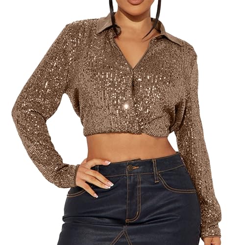 Glitzer Oberteile Damen Pailletten Top Glitzer Outfit Pullover Silvester Oberteil Bluse Festlich Shirt Elegant Langarm Party Pulli Glitzerbluse für Frauen Glitzershirt Crop Tops