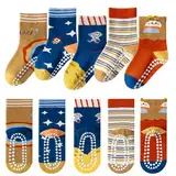 Baogaier 5 Paar Kinder Stoppersocken Jungen Baumwolle Kuschelsocken Antirutschsocken Schulkind Socken Marineblau Braun Karomuster Rutschfeste Sportsocken für 6-8 Jahre, 29-32EU
