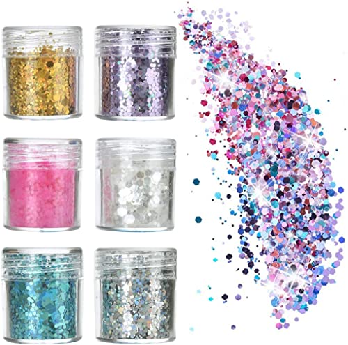 Pretop 6 x Glitzer Make up Set | Glitzer für Musik Festival, Masquerade, Halloween, Party, Weihnachten, Kunst & Handwerk, Körperglitzer | Glitzerpulver | Glitzer Sequin | Chunky Glitter