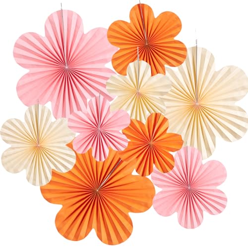 SUNBEAUTY 9 Stück Papier Fächer Dekoration Hanging Girlande Rosa Orange Blumen Papierfächer Cremefarben Party Deko Set für Hochzeit Geburtstag Tea Party Tischdeko Classroom Baby Shower Fasching Deko