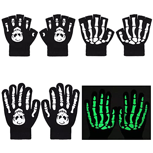 TAGVO Stretch-Fäustlinge Halbfinger-Handschuhe 4 Paare, Halloween Cosplay Skelett Leuchtende Handschuhe Fäustlinge, Kinderhandschuh Winterhandschuh für Halloween, Täglichen Gebrauch von 5-13 Jahre