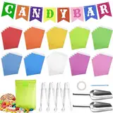 62 Stück Candy Bar Zubehör, Enthält 50 Stück Candybar Tüten und 50 Sticker, 4 Stück Zuckerzange und 2 Stück Schaufel und 1 Girlande, für Büfett Grill Hochzeit Party Geburtstag - Einfarbig