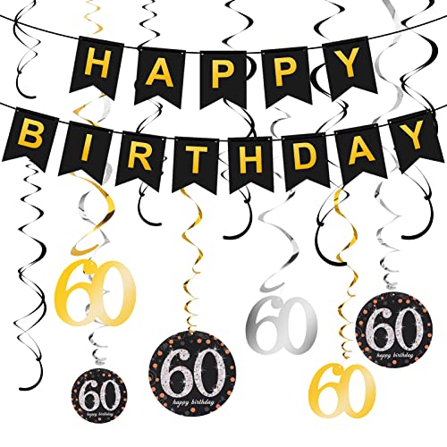 adakel 60. Geburtstag Dekoration, Happy Birthday Banner und 60. Geburtstag Swirl Folienspiralen Deckenhänger für 60. Geburtstag Party Dekoration Zubehör