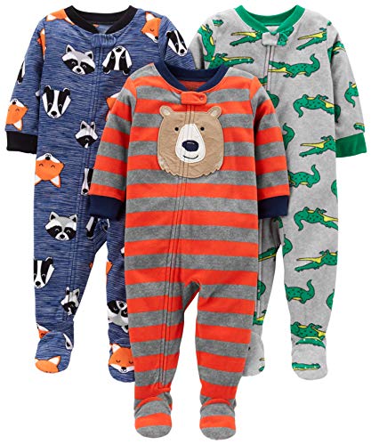 Simple Joys by Carter's Baby-Mädchen 3-Pack Loose Fit Flame Resistant Fleece Footed Pajamas Kleinkindschläfer, Blau Heide/Rot/Grau, Bär/Alligator/Fuchs, 2 Jahre (3er Pack)