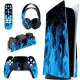 PlayVital Skin für ps5 Konsole Regular Edition,Aufkleber Vinyl-Skin Stickers Schutzfolie Folie für PS5 Konsole,Controller,Ladestation, Headset,Medienfernbedienung-Blaue Flamme