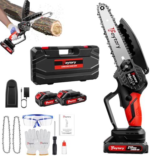 Akku Kettensäge 21V, 6 Zoll Rot Mini Kettensäge mit 2 Akkus, 2 Kette, Kettensäge Elektrisch Handsäge Einhand Handkettensäge mit Sicherheitsschloss für Gartenarbeit Baumbeschneidung Holzschneiden