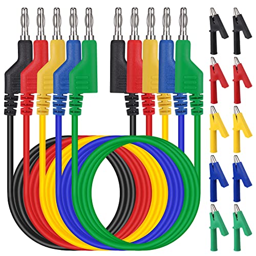 Hejo 5 Stück Multimeter Messleitungen, 4mm 5 Farben Bananenstecker mit 10 Stück Krokodiklemmen, 1m Messleitungen für Multimeter Messkabel für Multimeter Spannungsprüfer, Strommessgeräte