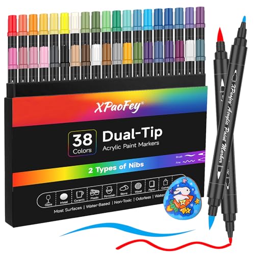 VividHues Acrylstifte, 38 Acrylstifte mit Doppelspitze für Steine Wasserfest, Glas, Keramik, Holz, Kunststoff, Kalligraphie, Kartenherstellung, Permanent Paint Pens Markers Set mit 2mm feiner Spitze