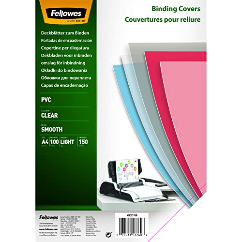 Fellowes PVC Deckblatt für Plastikbindung und Drahtbindung - Stärke 150 Mikron - transparent - Format DIN A4 - Packung mit 100 Stück