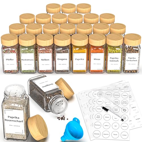 DIFULI 24 Gewürzgläser Eckig Set mit Bambus Deckel, 120ml Gewürzdosen mit 340 Etiketten,Gewürzstreuer Spice Jars Gewürzbehälter mit Trichter, Leeren Aufklebern, Sieben, Organizer Küche