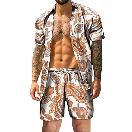 Herren Sommer Mode Freizeit Hawaii Küste Urlaub Strand Digitaler 3D-Druck Kurzarm Hemd Shorts Strand Hosenanzug Hose Training Herren Sommer Freizeitanzug Einfarbig 2-teilig Kurzarm (Khaki, XL)