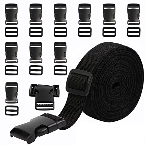 REAQUE 5 M Nylon Gurtband mit 10 Paare Schnallen, 2,5 cm strapazierfähiges Gurtband und Side Release Schnallen Clips für DIY Handwerk Rucksack Umreifung Tasche Gurtband Gepäck Befestigung Gurt