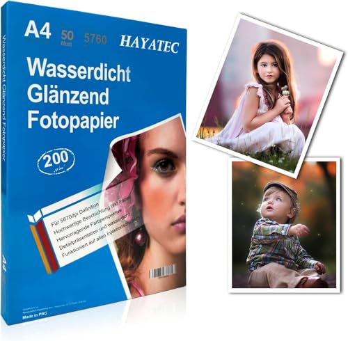 HAYATEC 50 Blatt Fotopapier A4 hochglänzend Tintenstrahldrucker 200g/m² Photopapier Fotokarten Photokarten Sofort Trocken Wasserfest Hochweiß