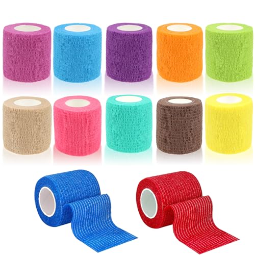 12 Rollen Selbstklebender Verband, 5cm x 5m Selbsthaftende Bandage für Erste Hilfe, Elastische Fixierbinde Cohesive Bandage Haftbandage für Hund/Katze/Füße/Fingerpflaster/Knöchelverstauchungen