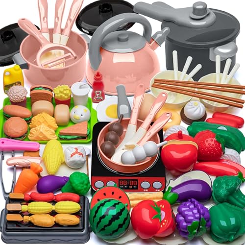 AQXONG 76Pcs Küchenzubehör für Kinder, Koch Rollen Spielspielzeug, küchenspielzeug mit Töpfen und Pfannen, Das Backspielzeugset für Kinder ist für Jungen und Mädchen ab 3 Jahren Geeignet