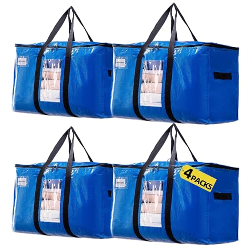 YBCPACK 4er-Set Umzugstaschen XXL 102L mit Sichtfenster - Wasserdichte Transporttaschen mit Reißverschluss & U-Griffen - Strapazierfähige Alternative zu Umzugskartons für Camping, Reisen, Lagerung