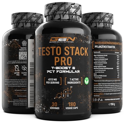 Testo Stack Pro - Extra Stark mit Turkesteron, Ecdysteron, Fadogia Agrestis, Tribulus, Hericium Extrakt, Boron - 180 Kapseln - Vegan