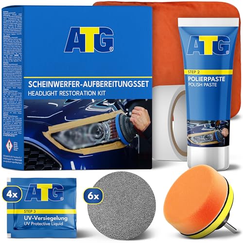 ATG® Scheinwerfer Aufbereitung Set - Universal Auto Scheinwerfer Polierset für matte & blinde Scheinwerfer aus Kunststoff - Schnelle & einfache Scheinwerfer Aufbereitung - Scheinwerfer Reparatur Set