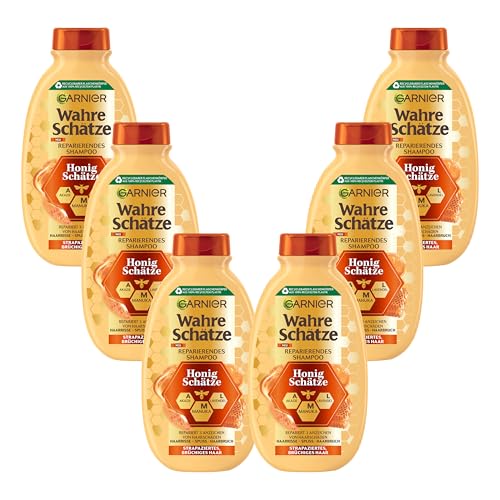 Garnier Shampoo gegen brüchiges Haar, Reparierendes Haarshampoo mit Akazienhonig und Bienenwachs, Für mehr Glanz und Geschmeidigkeit, Wahre Schätze Honig, 6 x 250 ml