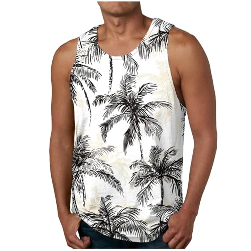 SMUXP Herrenwesten für Herren, Stranddruck, T-Shirt, lässig, ärmellos, Sommer, Sport, tropische Grafik, Tank-Top, atmungsaktiv, Rundhalsausschnitt, 4#Beige, XL