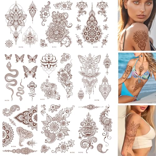 Abwaschbares Tattoo 46 Blätter Tattoos Erwachsene Klebetattoo Braunrotes Spitze Temporäre Tattoos Set Tatoos zum Aufkleben Wasserfest Fake Tattoo Aufkleber Temporäre Damen