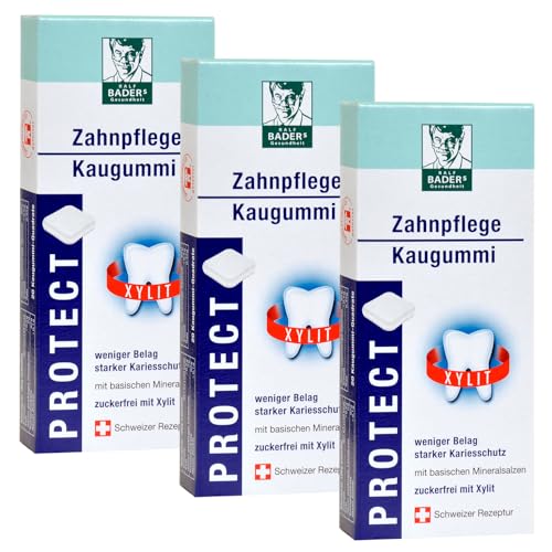 BADERs Gesundheit PROTECT Zahnpflege-Kaugummi aus der Apotheke. Weniger Zahnbelag, weißere Zähne. Zuckerfrei mit 100% Xylit. 3 x 20 Kaugummi-Quadrate