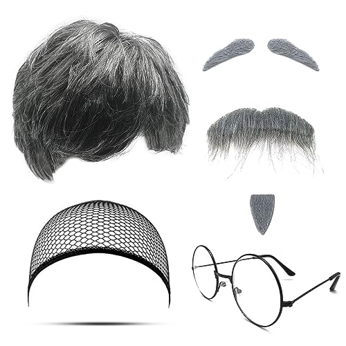 MIVAIUN 7 Stück Opa Kostüm Set Alter Mann Cosplay Opa Perücken Perücke künstlicher Bart Augenbrauen Perückenkappe Brille Herren Perücke für Halloween Weihnachten Cosplay Mottoparty (Old Man Set)