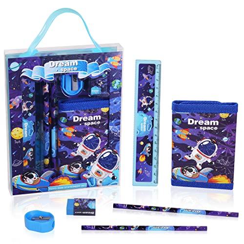 Vicloon Astronaut Schreibwaren Set, Schreibwaren Geschenkset für Mädchen, Radiergummi, Anspitzer, Brieftasche, Lineal, Bleistift, Kinder Mitgebsel, Geschenk Set für Mädchen und Junge(Astronaut)