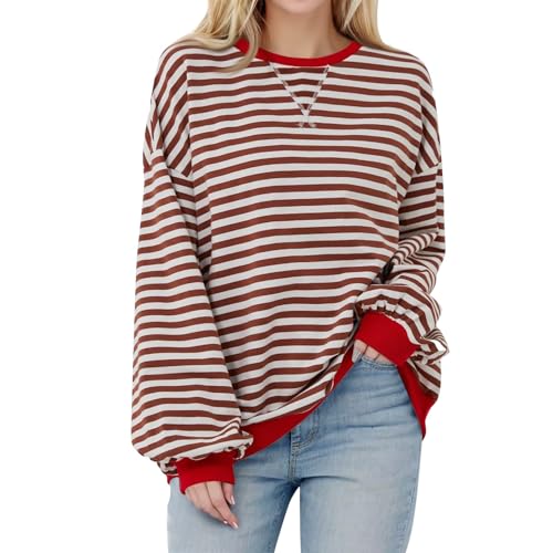 Generic Basic Sweatshirt Damen Pullover Damen Oversize Pullover Oversize Damen Longshirt Damen Shirt Oversize Damen Damenshirts Lässig Langarm Klamotten Pullover Oversize Damen Damen Rot XL