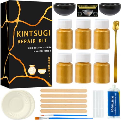 deuvuo Kintsugi Reparatur Set, 21 Stück Kintsugi Set Gold Um Ihre Zerbrochene Keramik, Glas, Schale, Holz Andenken mit Leichtigkeit Zu Beleben - Schaffen Sie Kunst Mit Goldinfundierter Restauration