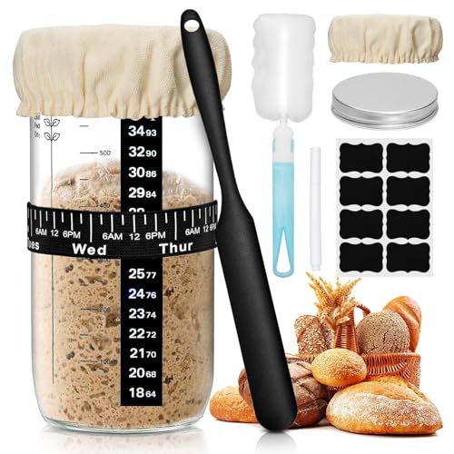 LUOJINYI Sauerteig Starter Set, Fermentationsglas, Brot Backen Zubehör,730MLl Brotbackzubehör, Sauerteig Glas mit Aluminiumdeckel, Gärtuch, Temperaturband, datiertes Zuführband, Silikonspatel