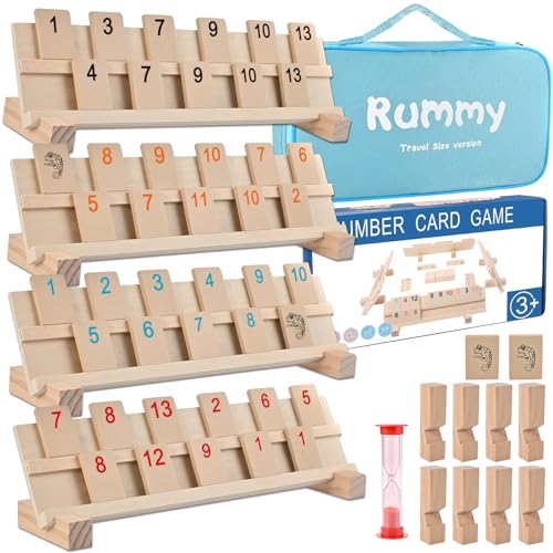 Wooderma Rummy Holz Spiel, Gesellschaftsspiel ab 6 Jahren, Holz Wooden Rummy Set mit 106 Spielsteinen, Hochwertiges Brettspiel, Rummy Holzspiel für 2 bis 4 Spieler, Legespiel Erwachsene Kinder