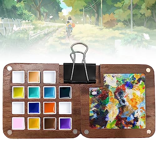 Nizirioo Skizzenbuch Palette aus Holz: Mini Reise 15 Raster, Wassermalkasten Aquarellkasten Leer, Faltbar Deckel und Mischpalette, für Aquarellmalerei, Acrylmalerei