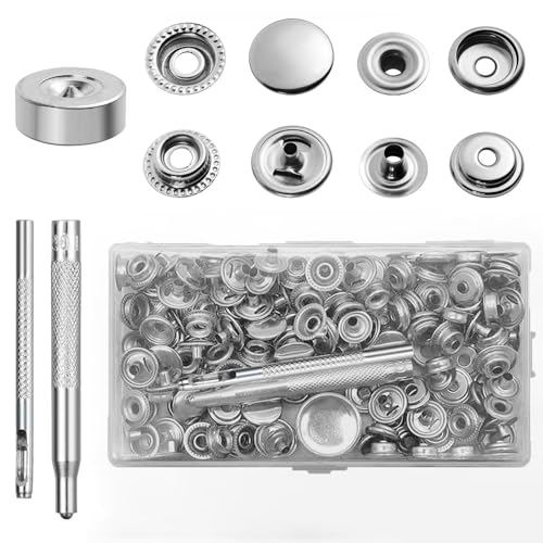 Druckknopf Set mit Zange, 240 Stück Druckknöpfe ohne Nähen, 15mm Edelstahl Druckknöpfe mit Zange, Inklusive 5-teiliges Werkzeugset, Transparente Aufbewahrungsbox für Kleidung, Leder und DIY Handwerk