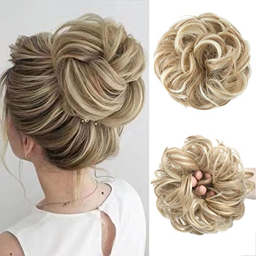 JJstar Haarteil Mit Gummiband, Groß Dutt Haarteil Blond Gelockt Haargummi Mit Haaren Hochsteckfrisuren Haarverlängerung Messy Bun Haarteile für Damen Mädchen Pferdeschwanz (Schmutziges Blond)