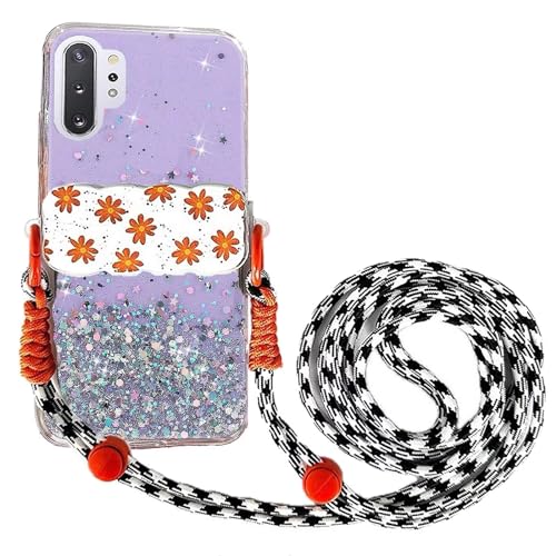 Rnrieyta Miagon Handykette Hüll für Samsung Galaxy Note 10 Plus Glitzer Durchsichtig Case mit Universal Blume Telefon Clip Kordel zum Umhängen Handyanhänger Halsband Lanyard