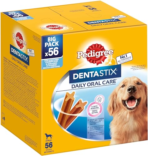 Pedigree DentaStix Daily Oral Care Zahnpflegesnack für große Hunde (+25kg), 56 Stück (1 Packung) – Hundeleckerlis mit Huhn– & Rindgeschmack für jeden Tag, für gesunde Zähne