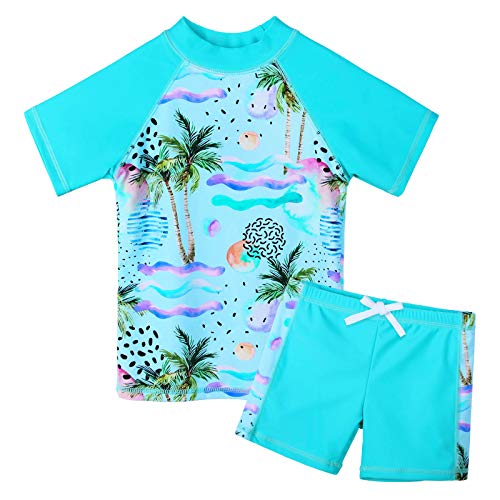 ZNYUNE Mädchen Zweiteiliger Badeanzug Stoffdruck Kinder Schwimmanzug Badehose Badebekleidung UV-Schutz 50+ Badeset Rash Guards Bademode 324 CyanCocoTree 14A