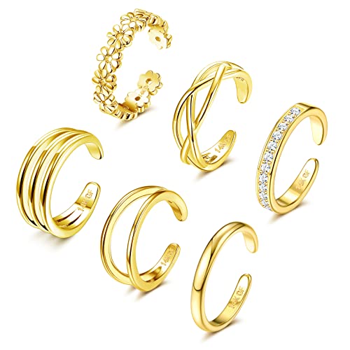 Adramata 6 Stück 14 Karat Gold Gefüllte Zehenringe für Damen Blumenherz Offene Zehenringe Daumenringe Verstellbare Ring Gold Zehenringe Set Sommer Strand Fußschmuck