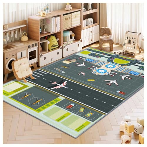 Kinderteppich, Kinderzimmerteppich, lustiger Flughafen, Kinderspielmatte, Flugplatz, Verkehrssystem, Spielmatte, Teppich, Schiene, Stadt, Wohnteppich, waschbar, rutschfest, Kinderteppich (Flughafen