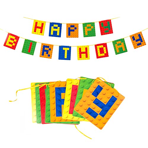 Bausteine - Geburtstagsgirlande - Happy Birthday Girlande für Kindergeburtstag, Party Deko für Jungen und Mädchen, Geburtstagsdeko, Geburtstagsparty Banner Wimpelkette