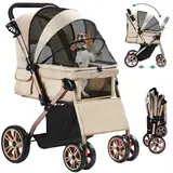 YITAHOME Faltbarer Hundebuggy für kleine Hunde, Haustierbuggy mit umkehrbarem Griff, Netzfenstern, Getränkehalter, 360° drehbare EVA-Räder mit Bremsen (Beige)