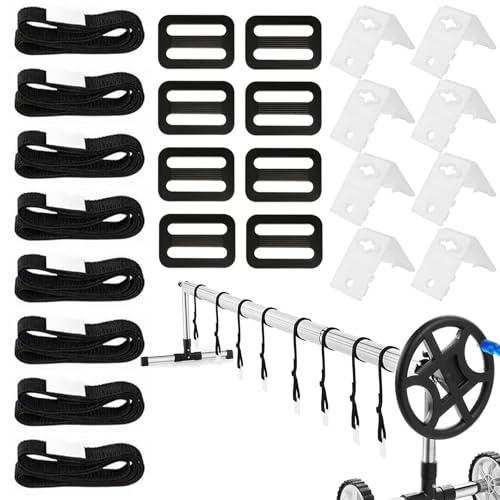 ATMWM Aufrollsystem für Solar und Poolplanen,Aufrollsysteme für Poolfolien,Pool Aufroller,Pool Aufroller Haltebänder,Schwimmbadrollengurt*8+Schnalle*8+Montageplatte*8,für Allzweck Einbauschwimmbäder