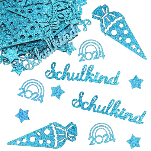 ALEGRE Glitzer Streudeko Einschulung Junge Mädchen Groß 2-8cm, 100 Stk Tischdeko Einschulung Deko, Konfetti Schulanfang Deko, Schultüte Regenbogen Deko Schulanfang, Schulkind Deko Schuleinführung Blau