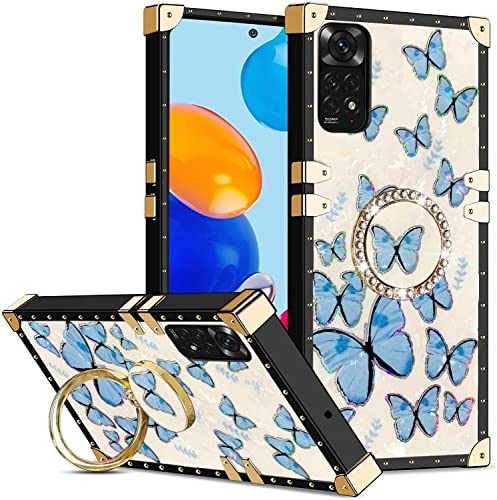 Didan Quadratisch Niet Hülle für Xiaomi Redmi Note 10 4G Handyhülle mit Glitzer Ring Ständer Elegant Schmetterling Weich Silikon Stilvolle Stoßfeste Frauen Cover,Blau