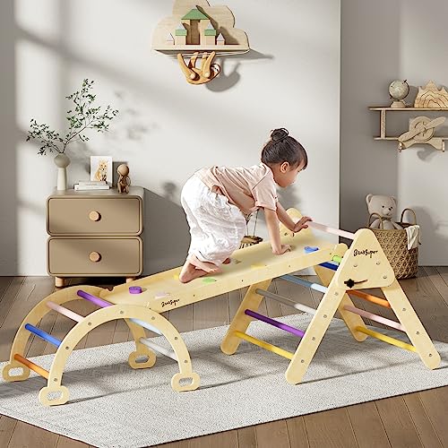 BanaSuper 3 in 1 Kinder Regenbogen Dreieck Kletterer Set Faltbares Kletterdreieck aus Holz mit Rampe Waldorfrocker Wippe Rocker Kletterbogen Montessori Spielzeug für Kleinkinder