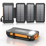 Solar Powerbank 26800 mAh mit 4 Solarpanel, Powerbank USB-C Schnellladung für iPhone Samsung und mehr, IPX7 wasserdichte Outdoor Externe Akkus mit Taschenlampen-Dauerlicht/SOS/Stroboskop (Orange)